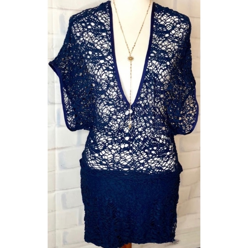 Beach Bunny Swimwear Navy Blue Crochet Lace V-Neck Cover Up Dress Medium
